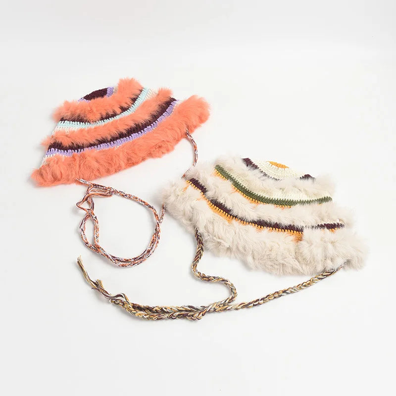 Rabbit Fur Crochet Color Block Earflap Bucket Hat