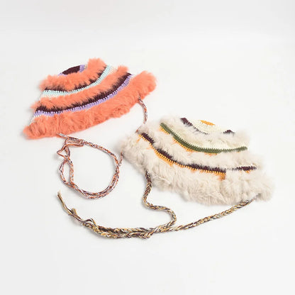 Rabbit Fur Crochet Color Block Earflap Bucket Hat
