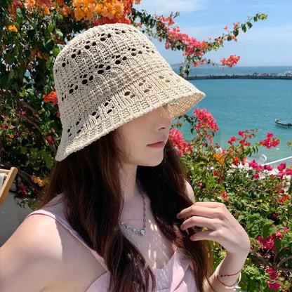 Womens Summer Hollow Breathable Foldable Beach Bucket Hat
