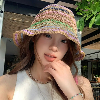 Womens Striped Rainbow Straw Summer Bucket Hat