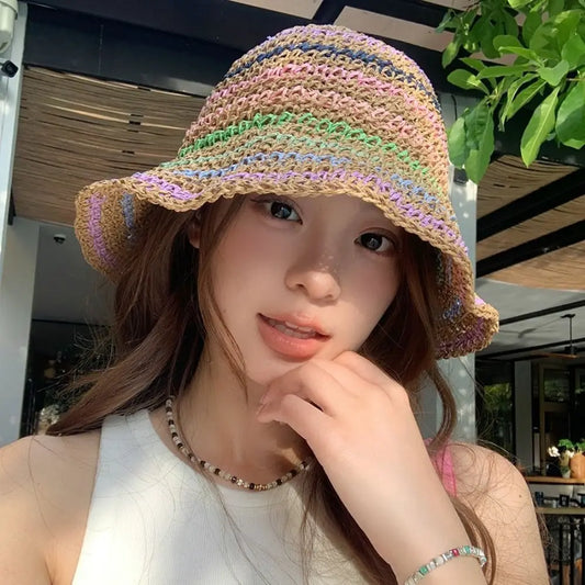 Womens Striped Rainbow Straw Summer Bucket Hat