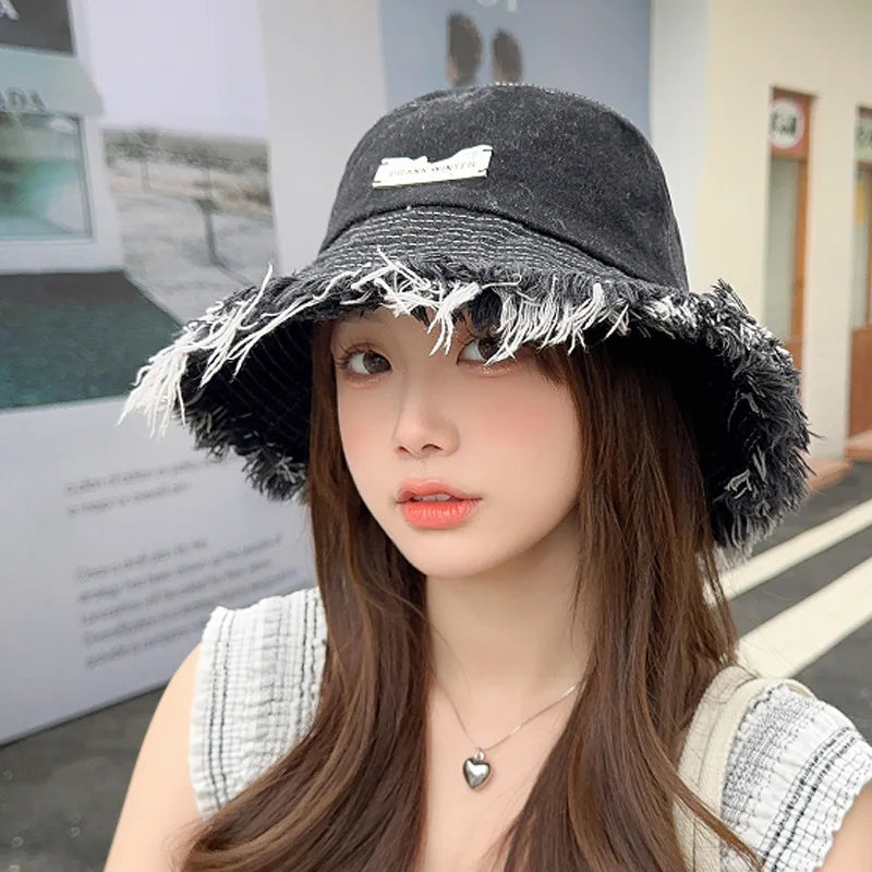 Washed Denim Wide Brim Bucket Hat