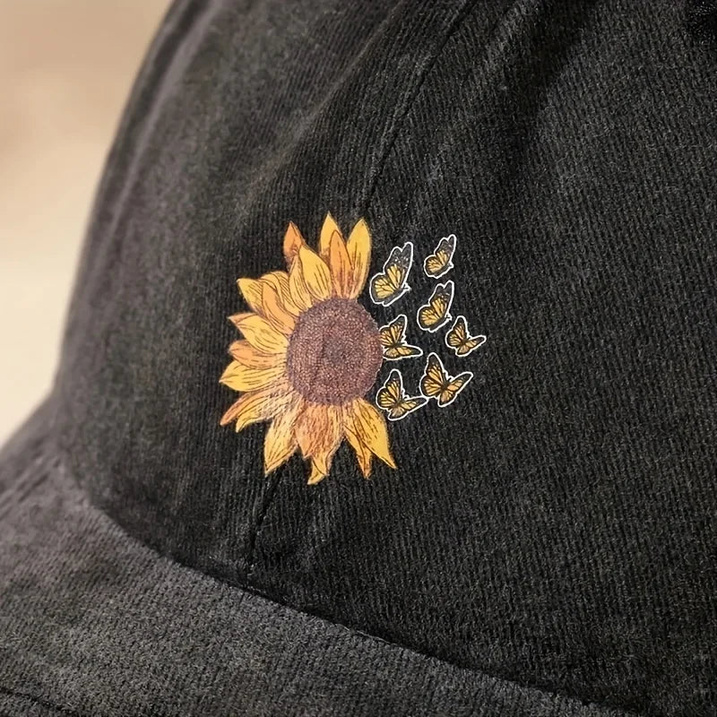 Sunflower Print Retro Washed Baseball Cap