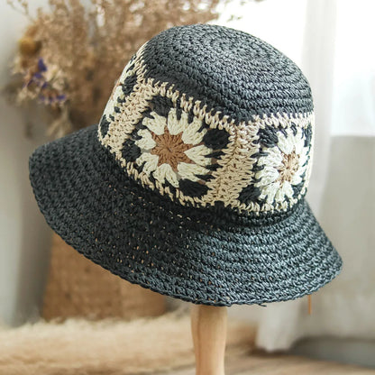 Women Crochet Straw Beach Fisherman Bucket Hat