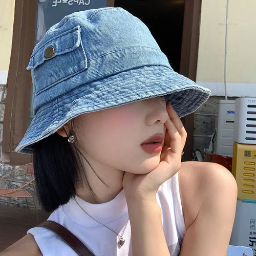 Korean Vintage Solid Denim Bucket Hat