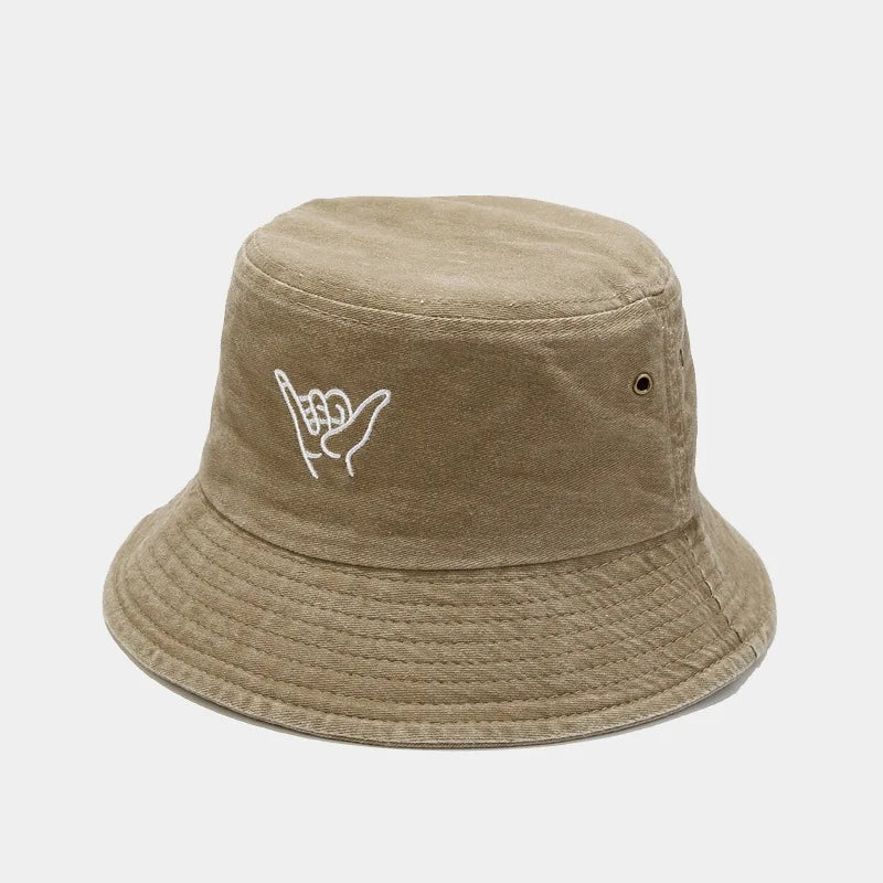 Cotton Cartoon Gesture Embroidery Bucket Hat