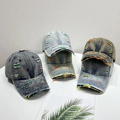 Korean Rainbow Cracked Denim Duck Tongue Baseball Cap