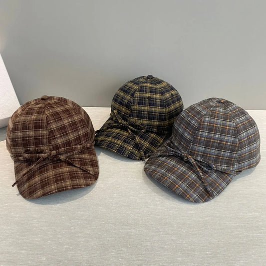 Woolen Check Bow Baseball Cap