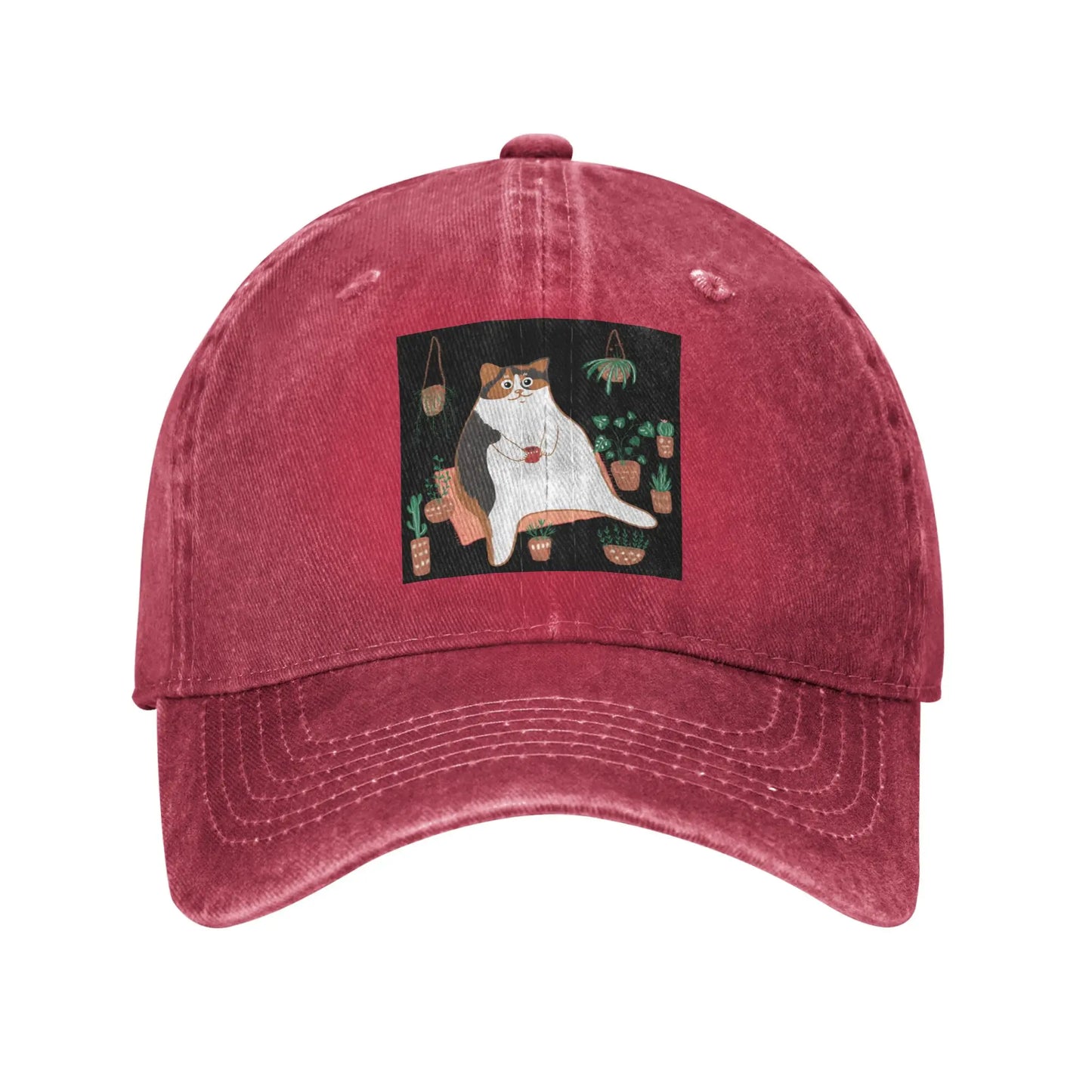 Calico Cat With Pot Plants Denim Adjustable Baseball Cap