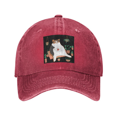 Calico Cat With Pot Plants Denim Adjustable Baseball Cap