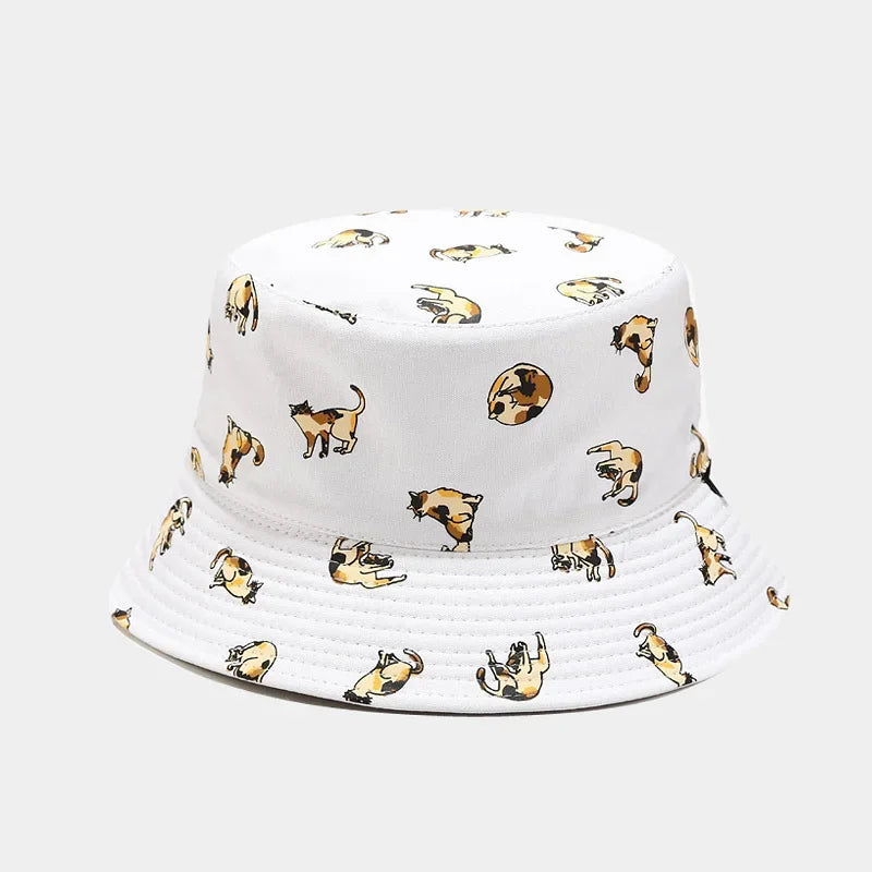 Cartoon Cat Embroidery Cotton Bucket Hat