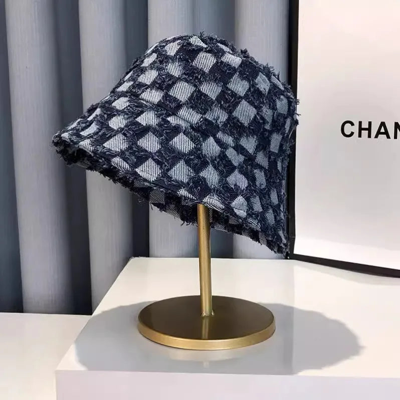 Korean Plaid Denim Sun Bucket Hat