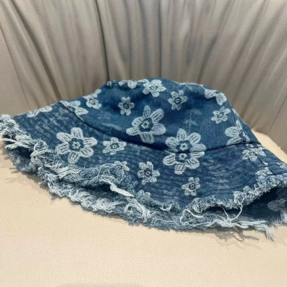 Korean Floral Print Washed Denim Summer Bucket Hat
