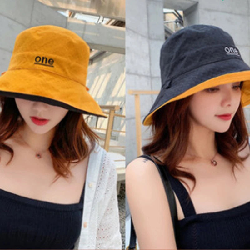 Reversible Letter Embroidery Sun Bucket Hat