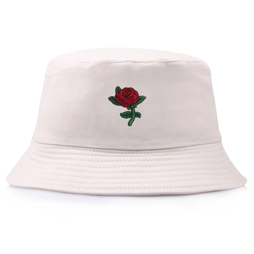 Summer Embroidery Rose Cotton Blend Classic Bucket Hat