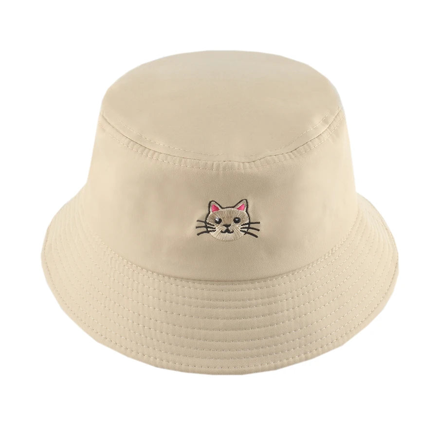 Summer Cat Embroidered Cotton Bucket Hat