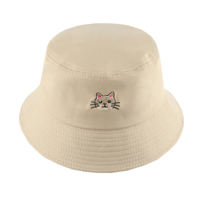 Summer Cat Embroidered Cotton Bucket Hat