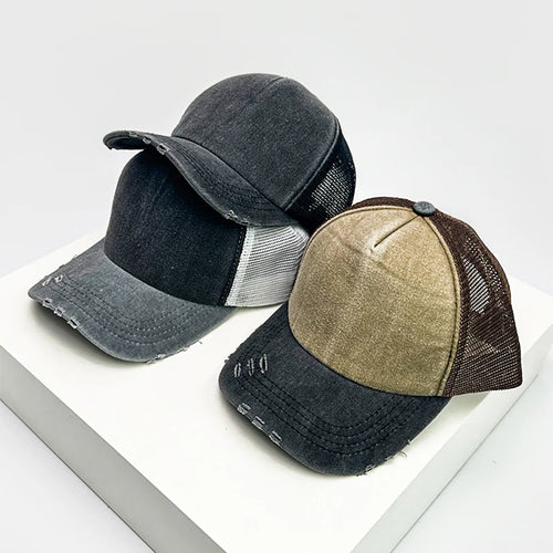 Color Block Distressed Mesh Trucker Baseball Cap