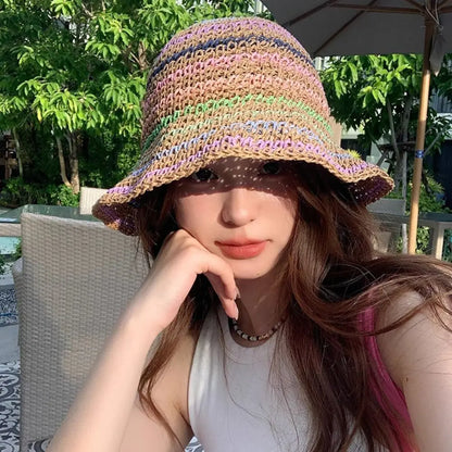 Womens Striped Rainbow Straw Summer Bucket Hat