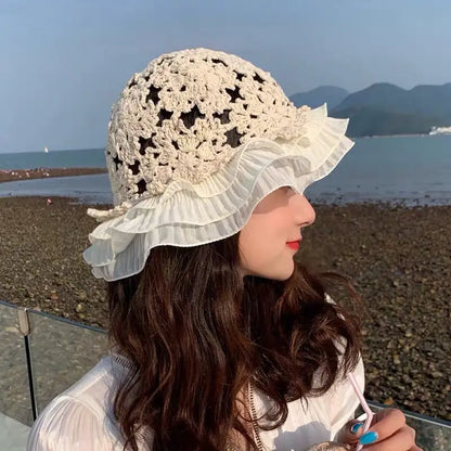 Lace Knitted Hollow Large Brim Korean Bucket Hat