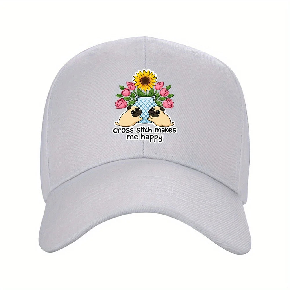 Cross Stitch Makes Me Happy Pug Sunflower Floral Baseball Cap