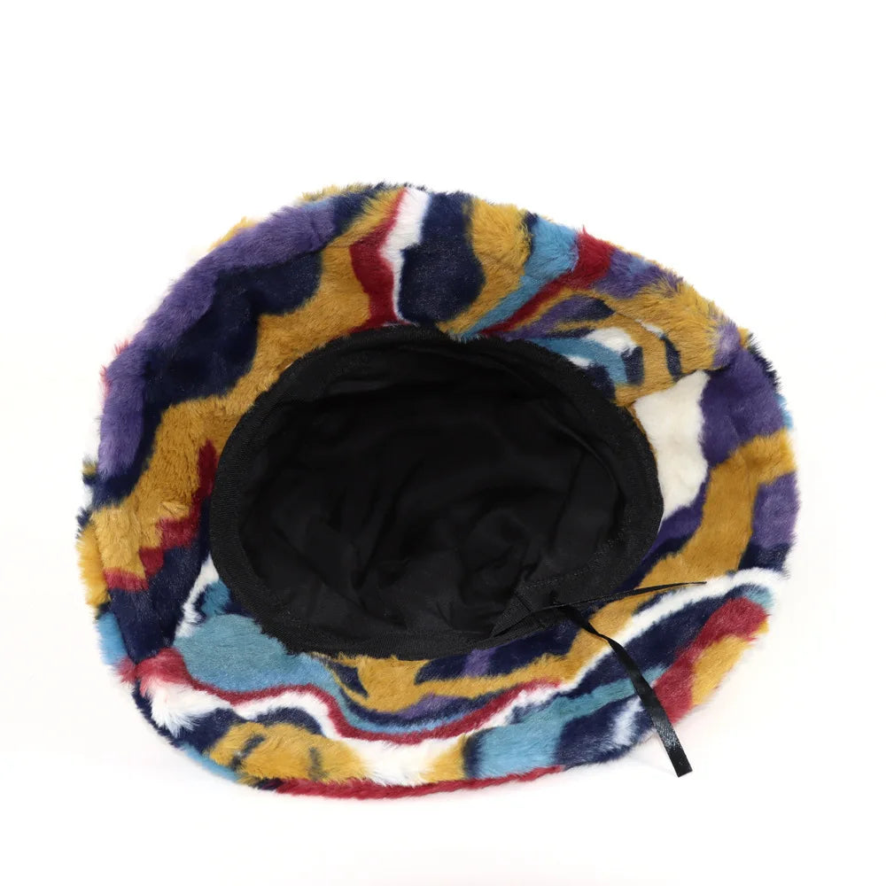 Plush Colorblock Rabbit Fur Bucket Hat
