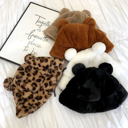 Women's Fluffy Bear Ear Bucket Hat