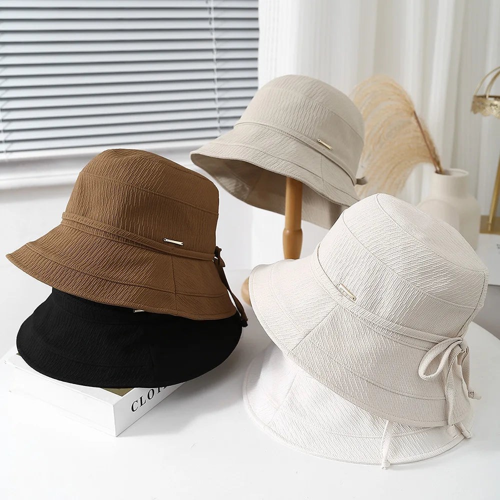 Korean Style Bow Plaid Foldable Bucket Hat