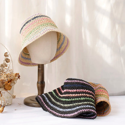 Women Rainbow Straw Crochet Sun Bucket Hat