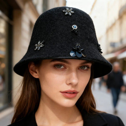 Korean Woolen Winter Bucket Hat with Rhinestone