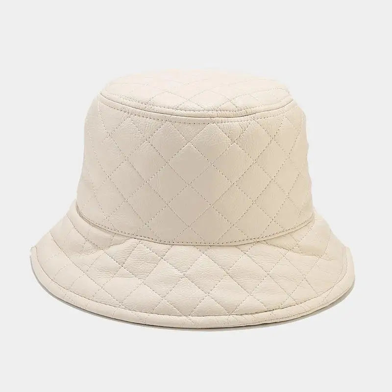 Korean PU Leather Check Winter Bucket Hat