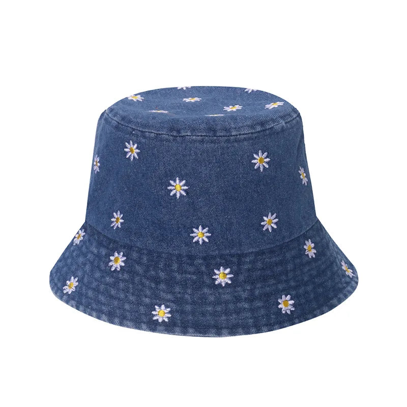 Women’s Daisy Embroidered Denim Summer Bucket Hat