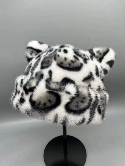 Korean Leopard Plush Fur Bucket Hat