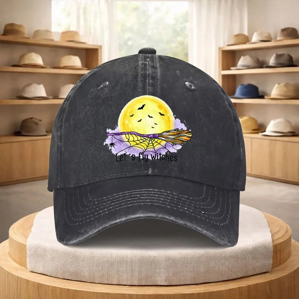 Witch Broom Moon Night Denim Baseball Cap