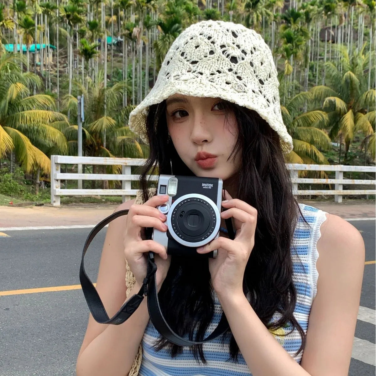 Cute Beige Hollow Knit Crochet Bucket Hat