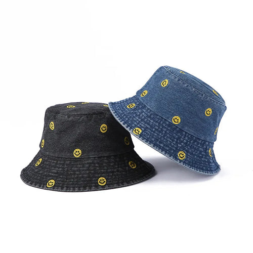 Cute Smiley Embroidered Washed Denim Summer Bucket Hat