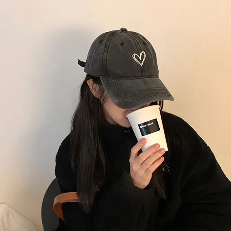 Women's Love Heart Embroidery Washed Cotton Baseball Cap
