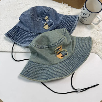 Japanese Style Big Brim Embroidered Denim Bucket Hat