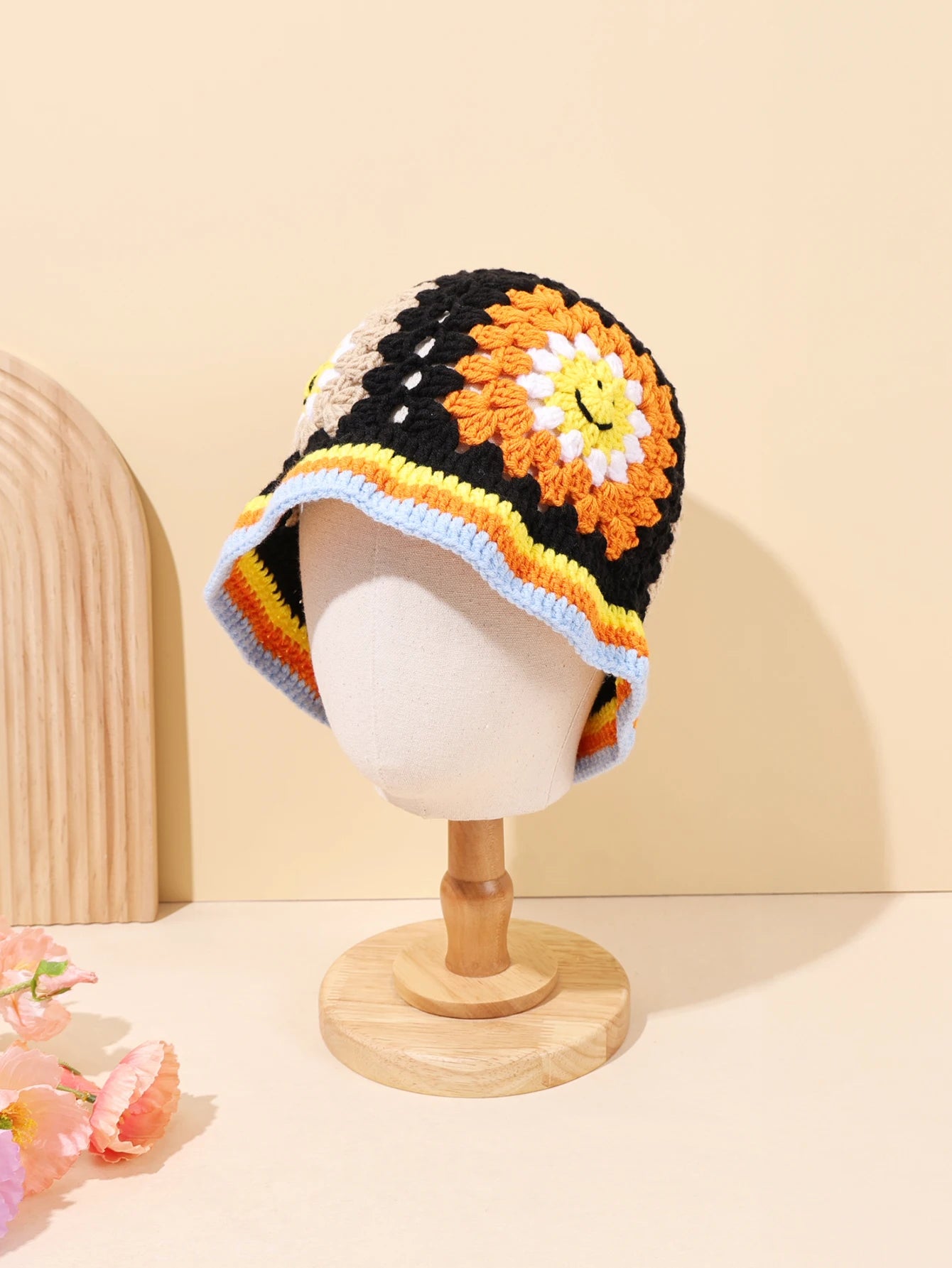 Vintage Smiley Face Patch Crochet Bucket Hat