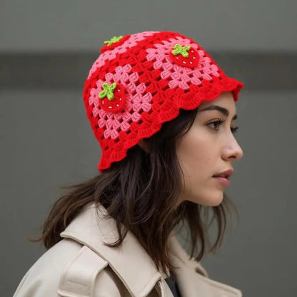 Bohemian Strawberry Crochet Ruffled Edge Bucket Hat