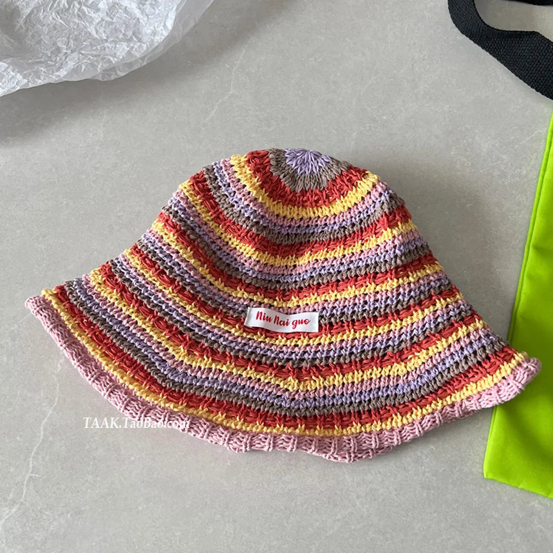 Summer Rainbow Striped Foldable Handmade Bucket Hat