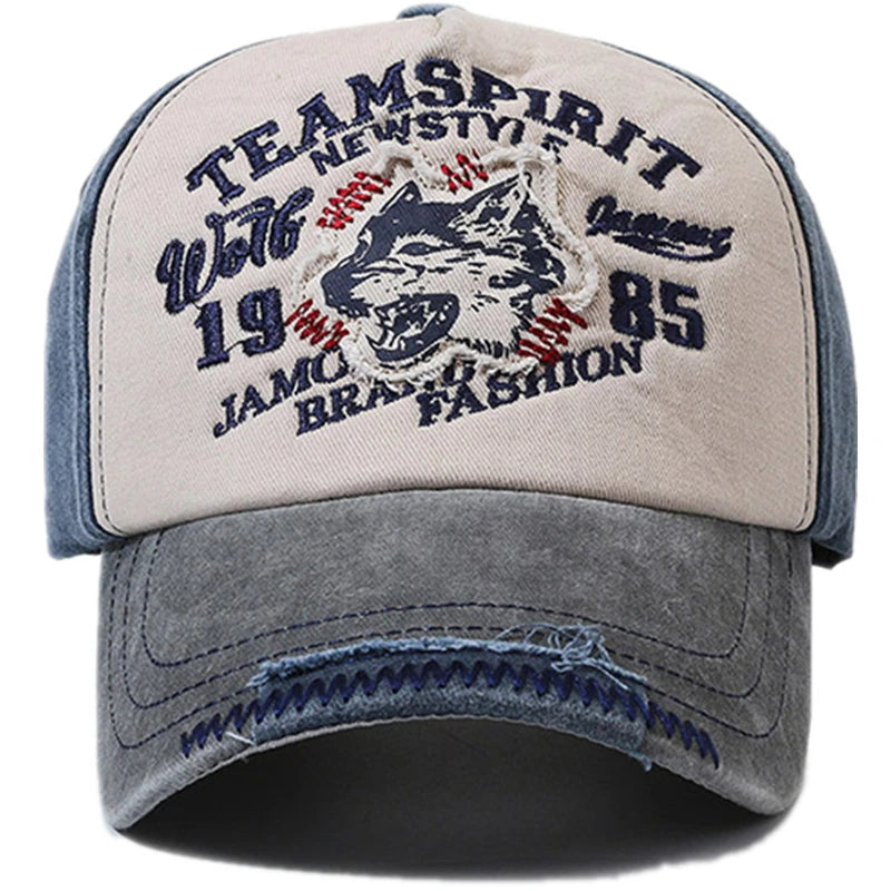 Vintage Wolf Embroidery Washed Baseball Cap