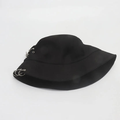 Black Metal Ring Foldable Bucket Hat Unisex