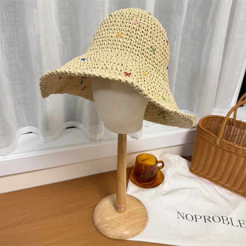 Hand Crocheted Colorful Straw Summer Bucket Hat
