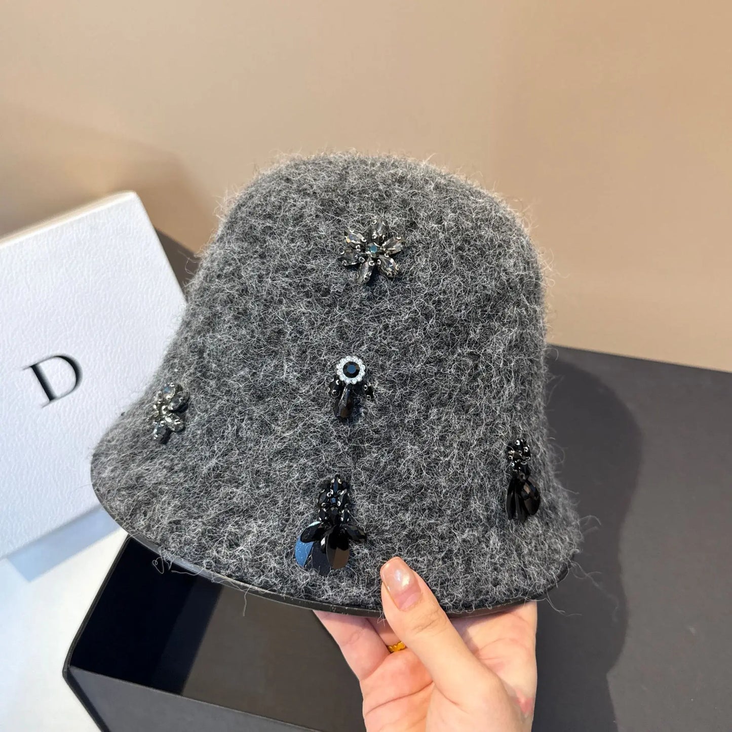 Korean Woolen Winter Bucket Hat with Rhinestone