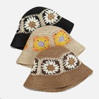 Handmade Crochet Flower Paper Straw Bucket Hat