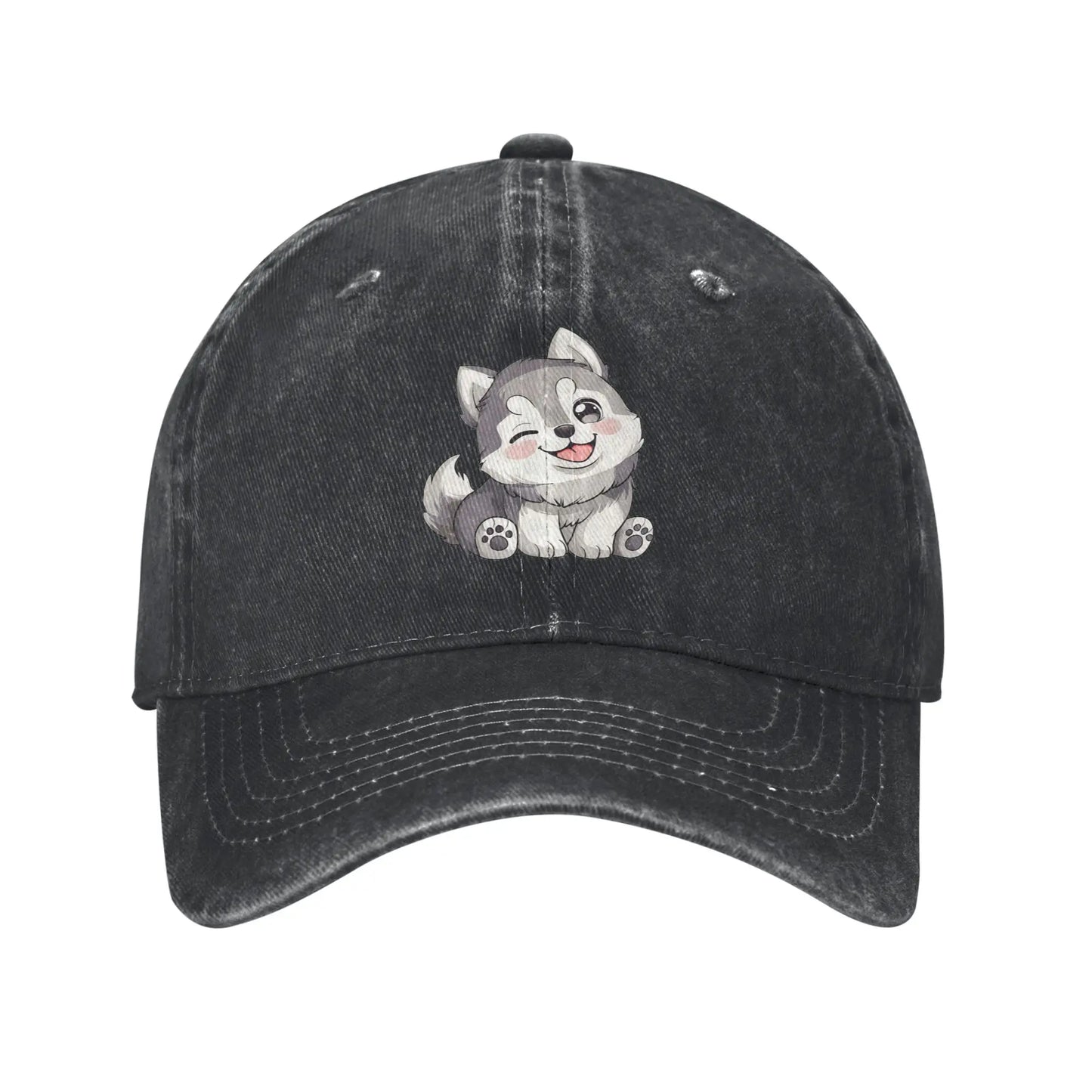 Cute Winking Kawaii Husky Denim Baseball Cap