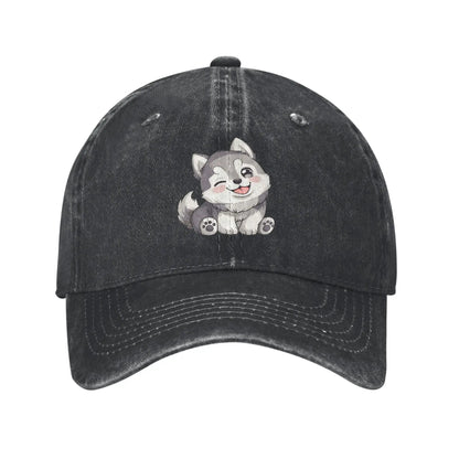 Cute Winking Kawaii Husky Denim Baseball Cap