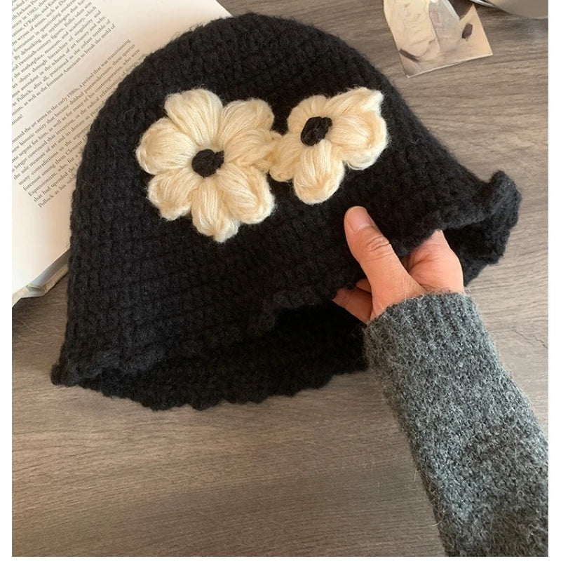 Oversized Floral Knit Korean Bucket Hat