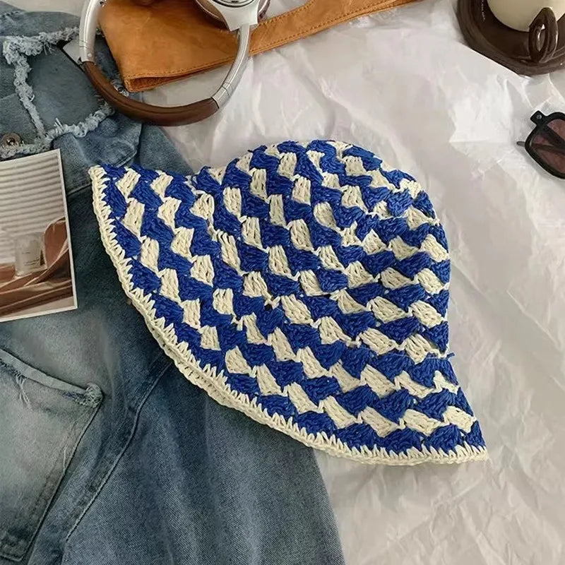 Korean Color Matching Hollow Straw Bucket Hat